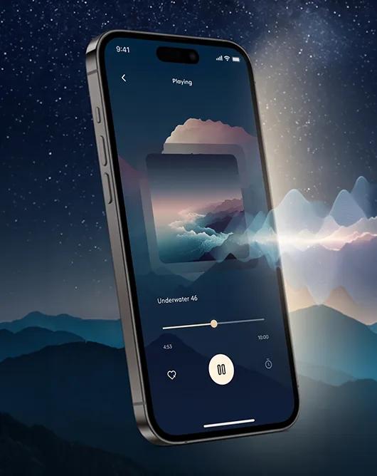 SlumberWave player screen over a starry mountain night