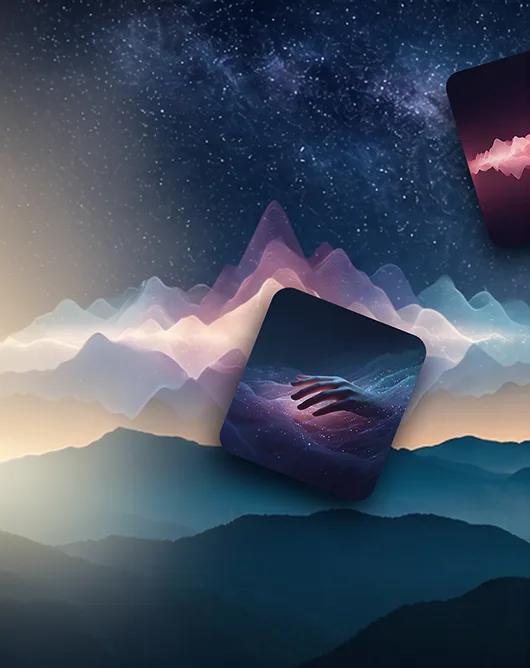 Soundscape cards drifting over misty pastel mountains