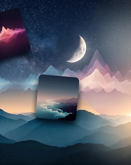 Crescent moon over mountains with floating soundscape cards