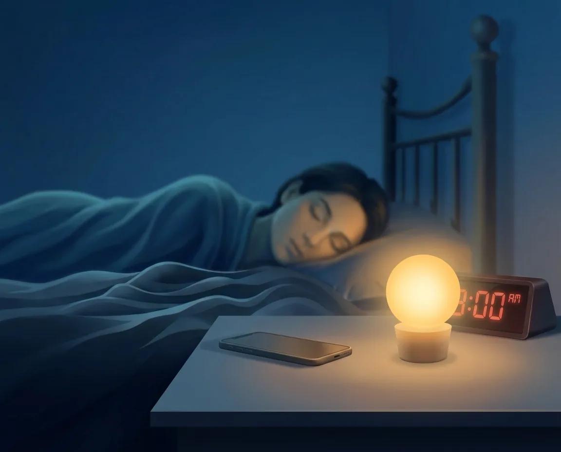 Person sleeping peacefully beside a warm bedside lamp