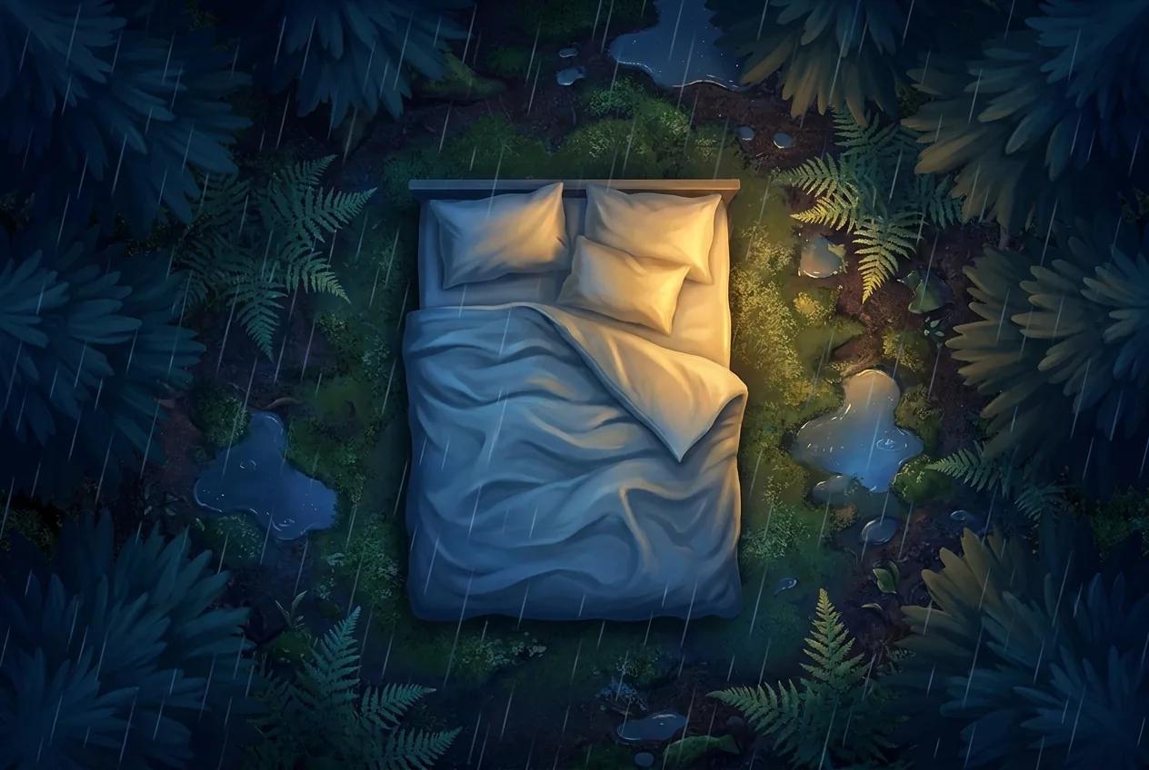 Cozy bed in a rainy forest clearing, seen from above
