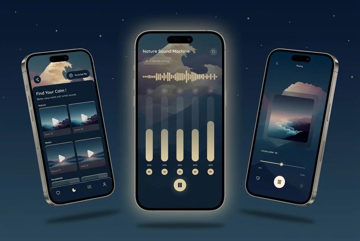 Three minimal SlumberWave app screens